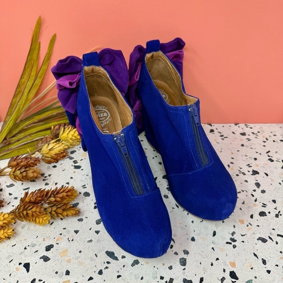 Jeffrey Campbell Blue Suede Leather Bow Back Zip Women’s Wedge Booties Sz 8.5 - Picture 1 of 13